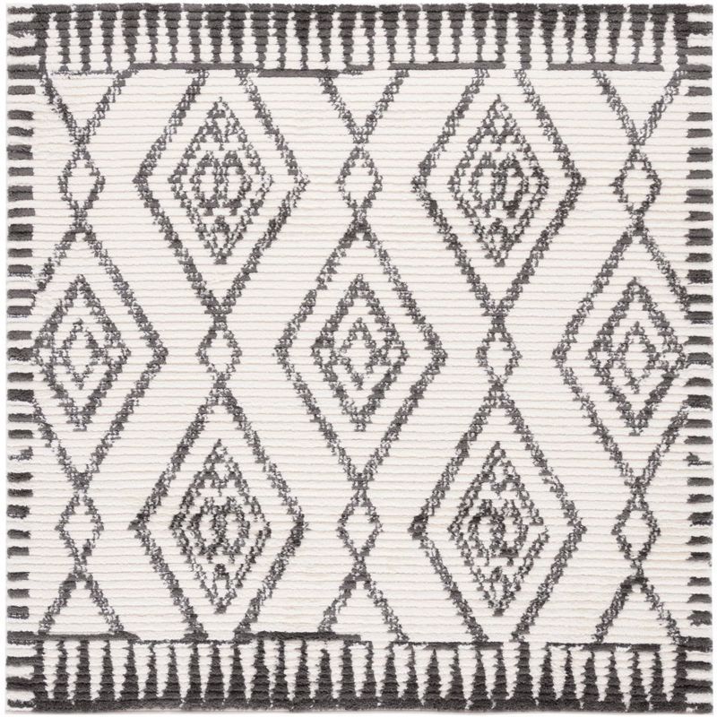 Ivory and Dark Gray Synthetic Square Moroccan Area Rug