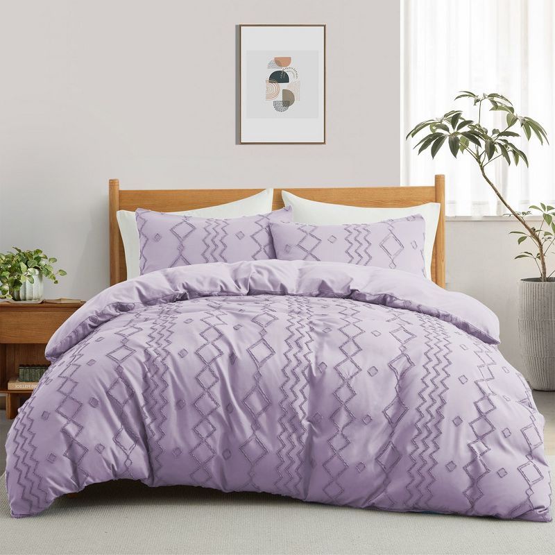 Purple Geometric Jacquard Twin Duvet Cover and Pillowcase Set