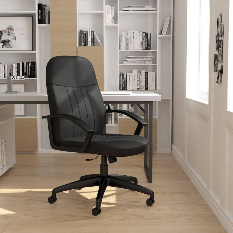 Ergonomic Executive Swivel Office Chair with Lumbar Support, Black Fabric and Wood