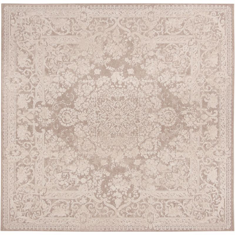 Beige and Cream Vintage Distressed Floral 8'x8' Area Rug