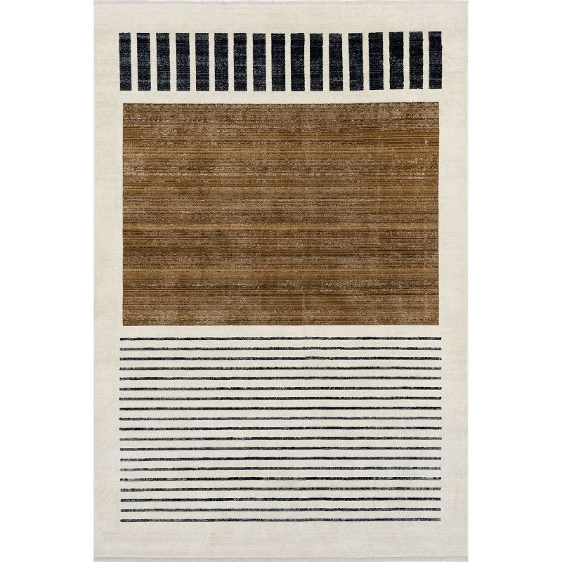 Keeva Beige and Black Striped Synthetic Area Rug