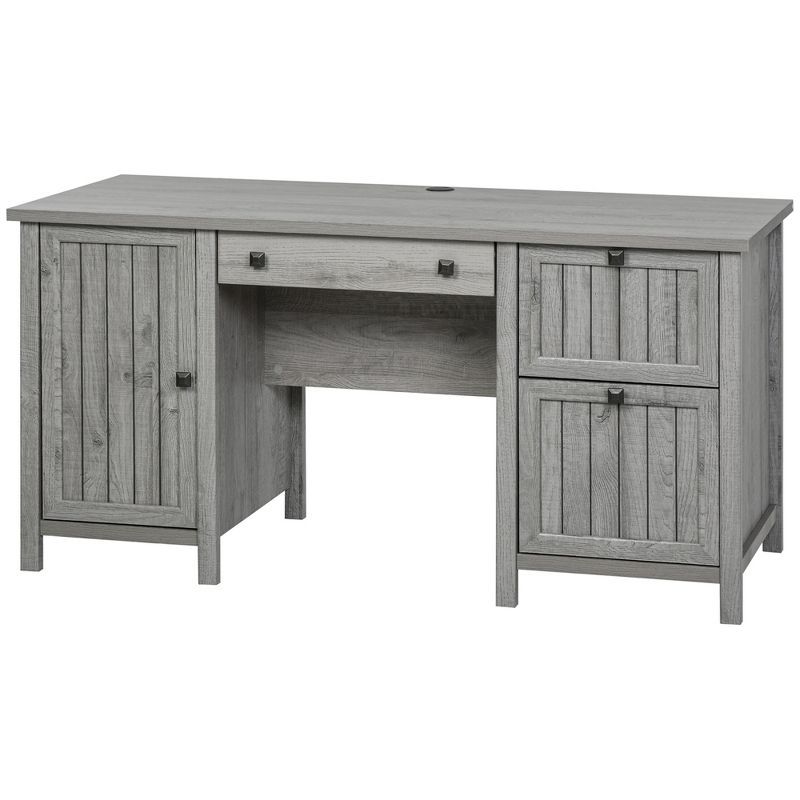 Executive Gray Wood Computer Desk with Filing Cabinet and Drawers