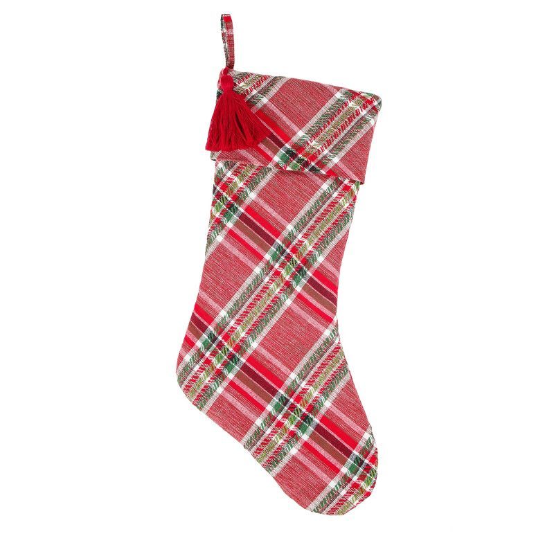 20" Red Plaid Cotton Christmas Stocking with Tassel