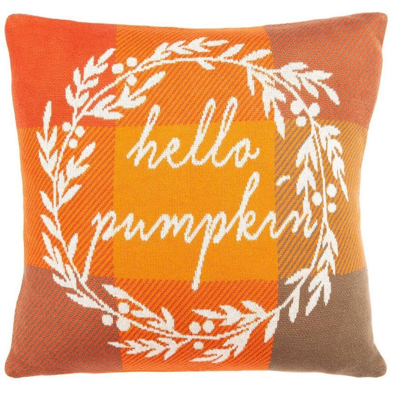 Hello Pumpkin Orange Cotton Thanksgiving Pillow 19" x 19"