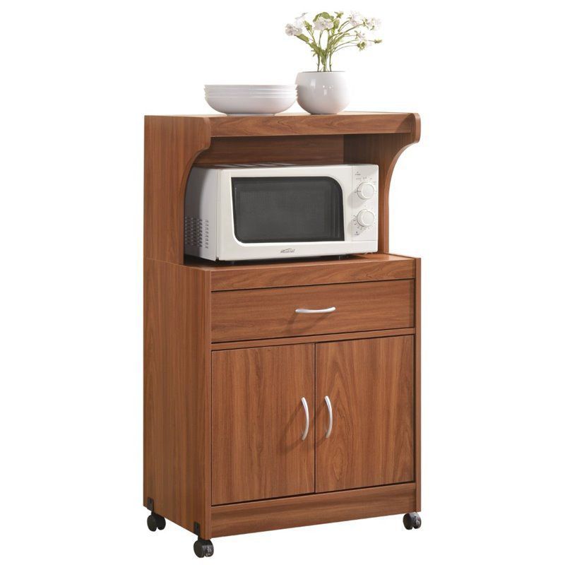 Cherry Wood Microwave Kitchen Cart with Storage and Wheels