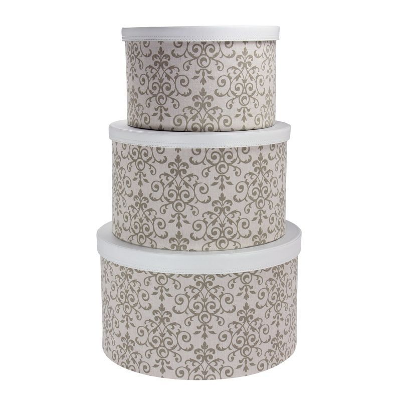 Set of Three Gray Fabric Round Hat Boxes with Faux Leather Lids