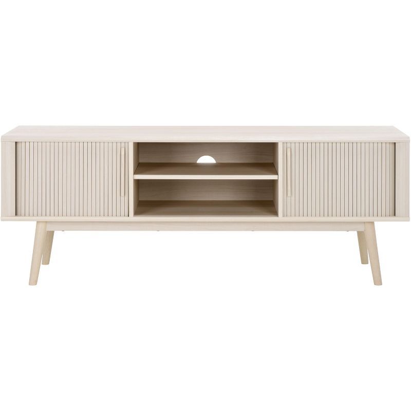 Bleached White Wood Mid-Century Modern Media Stand with Sliding Doors
