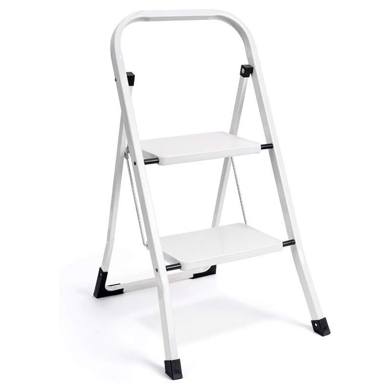 White Foldable Steel 2-Step Stool with Hand Grip