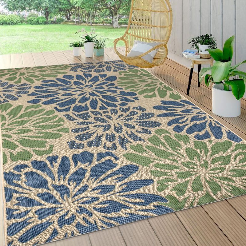 Navy and Green Floral Synthetic 9' x 12' Area Rug