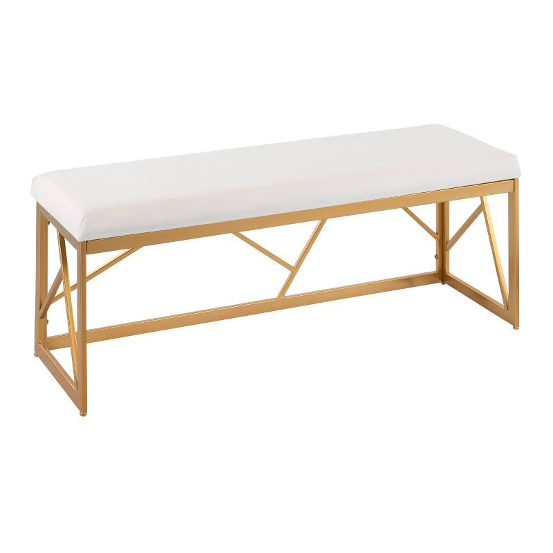 Folia 47" White Velvet and Gold Geometric Metal Bench