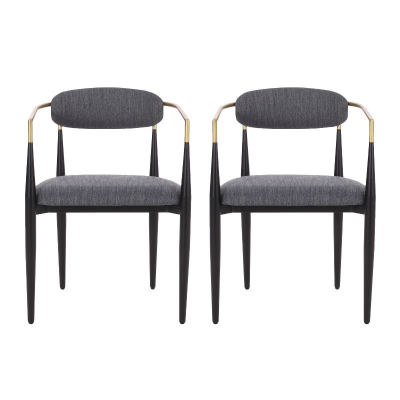 Charcoal Upholstered Arm Chairs with Black and Gold Metal Frame