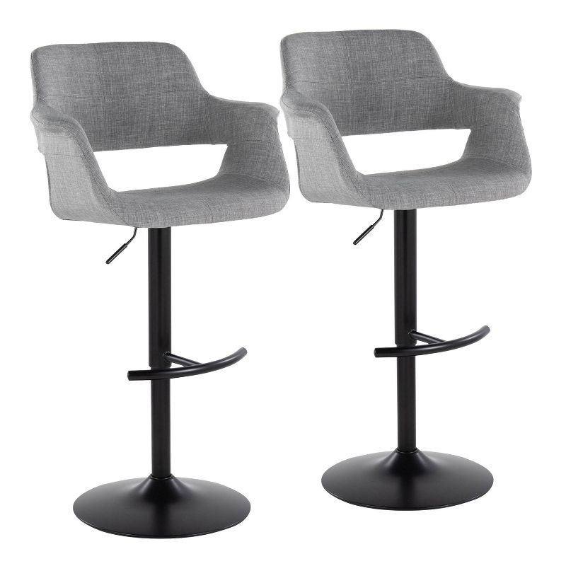 Set of 2 Adjustable Gray Fabric and Black Metal Swivel Barstools