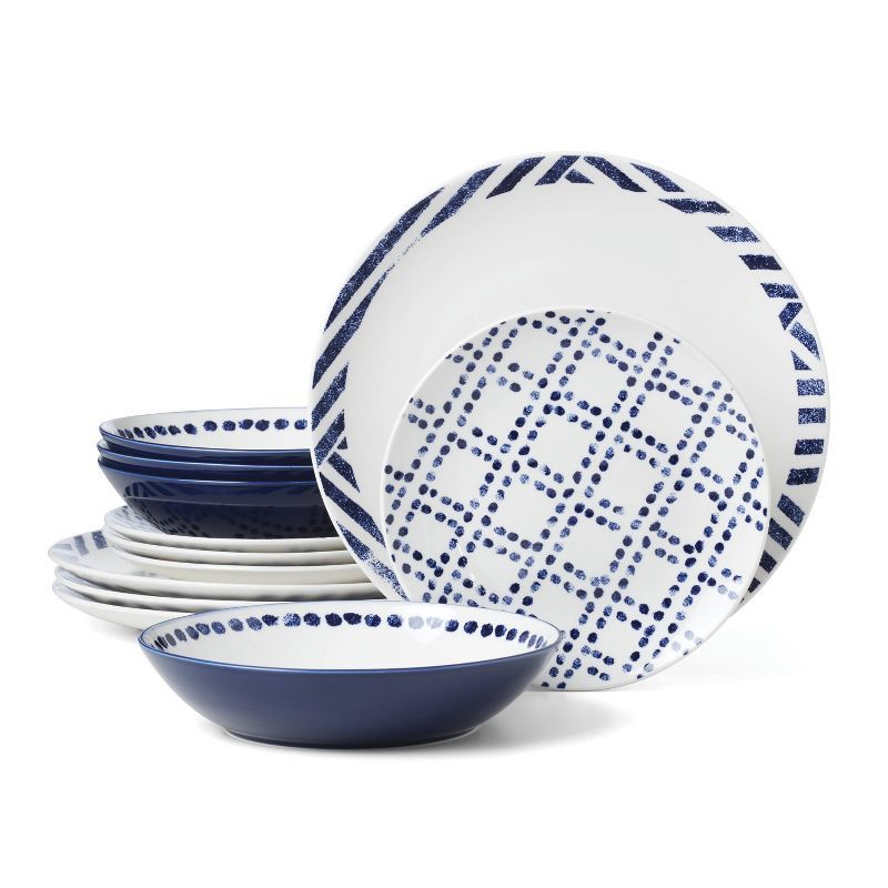 Navy and White Porcelain 12-Piece Geometric Dinnerware Set