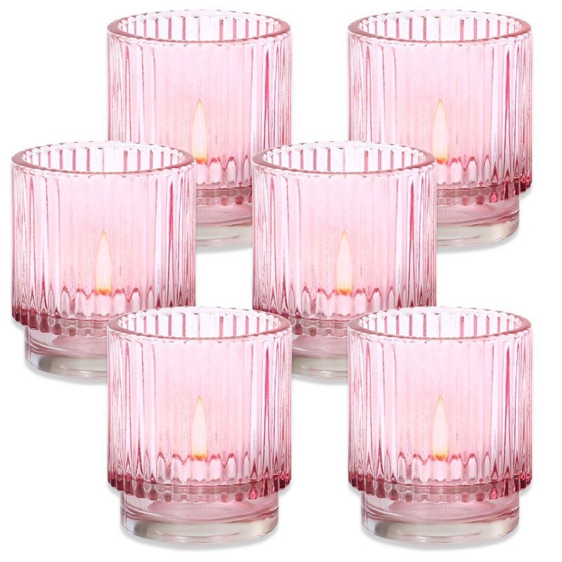 Blush Pink Ribbed Glass Votive Candle Holders Set of 6