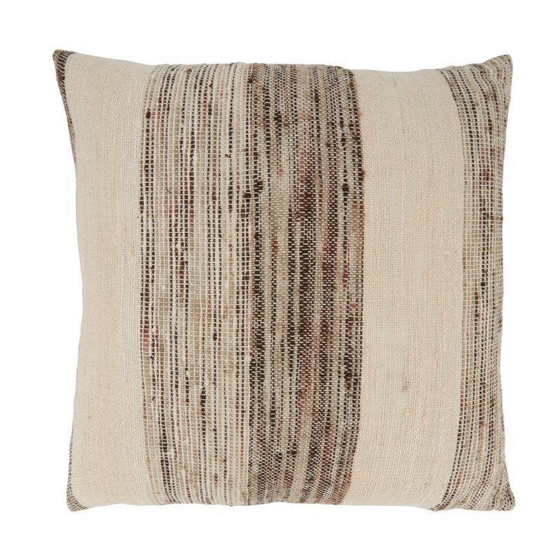 Beige and Brown Banded Cotton Square Throw Pillow with Down Filling