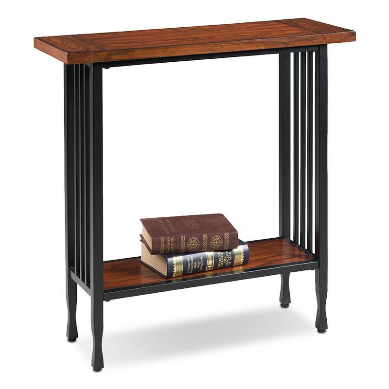 Mission Oak and Black Metal Console Table with Storage