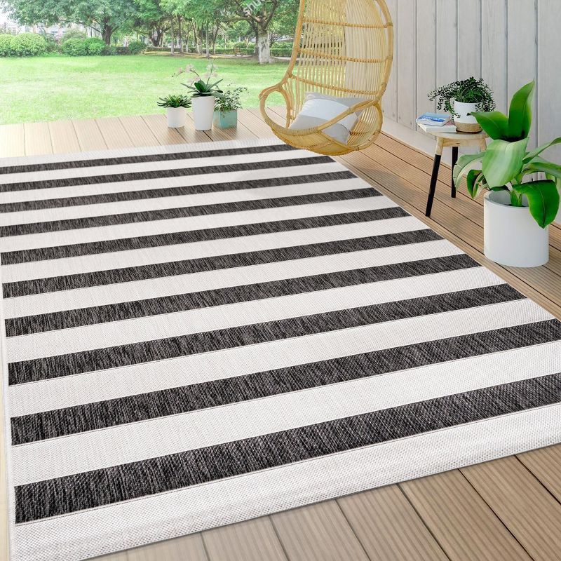 Classic Wide Stripe Black and Cream 8' x 10' Synthetic Area Rug