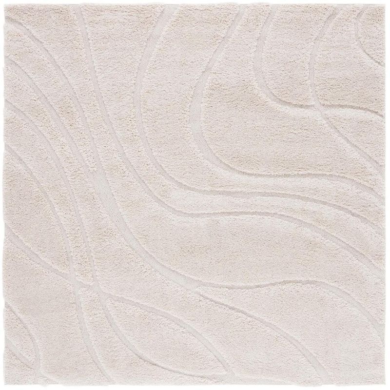 Cream High Pile Shag Square Synthetic Area Rug