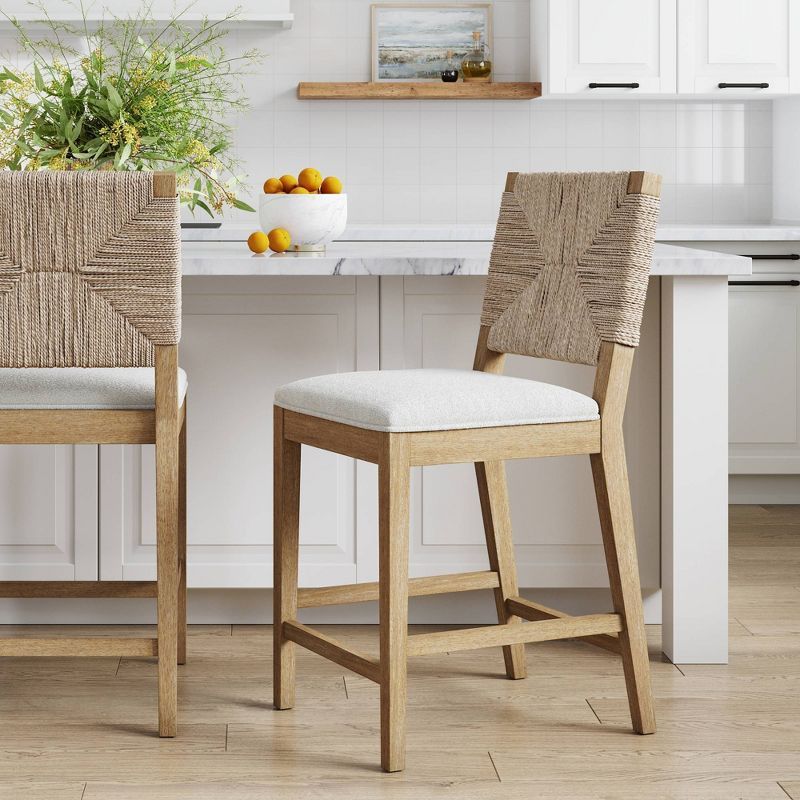 Beacon Bohemian Counter Height Bar Stool with Seagrass Backrest and Cream Boucle Seat