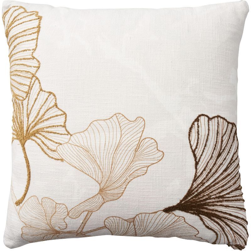 Embroidered Cotton Fan Leaf 18" Square Throw Pillow