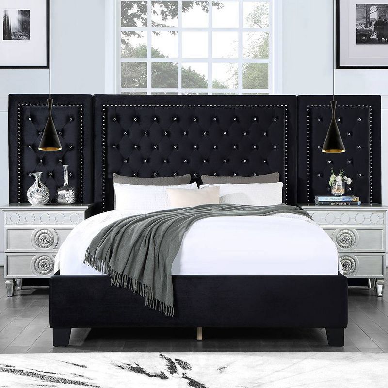 Damazy 86" King Black Velvet Upholstered Bed with Nailhead Trim