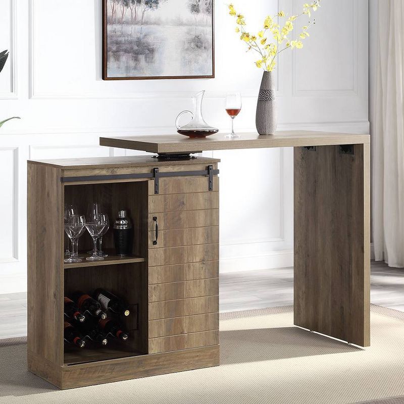 Rustic Oak Farmhouse-Industrial Bar Table with Swivel Top and Wine Rack