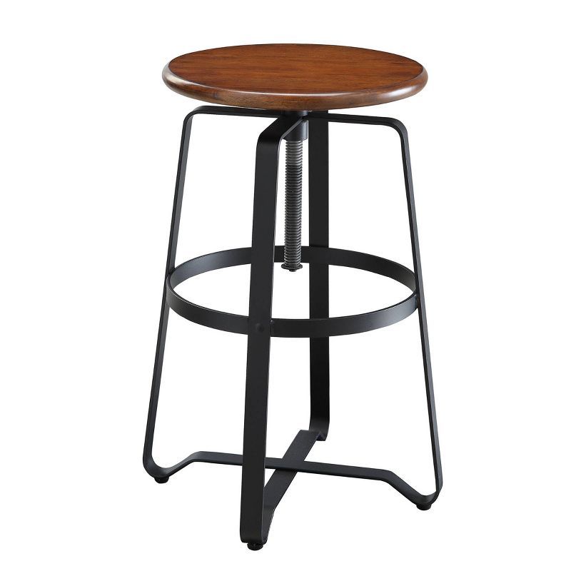 Adjustable Black Metal and Wood Swivel Barstool