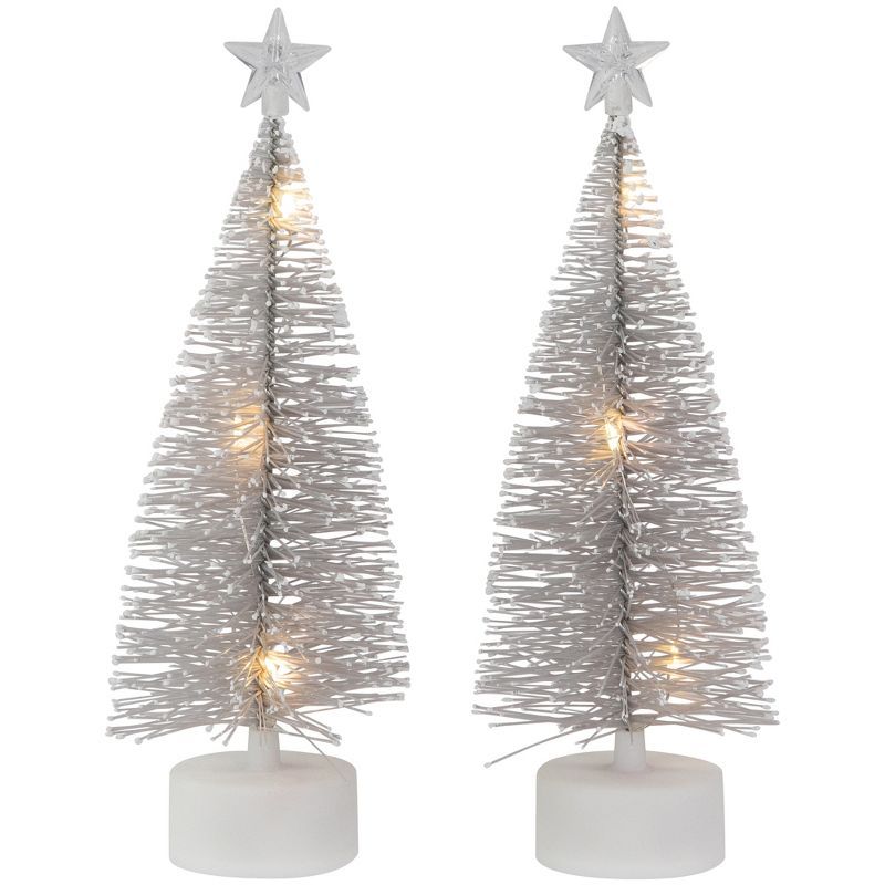 Set of 2 Silver LED Mini Bottle Brush Christmas Trees with Star Topper