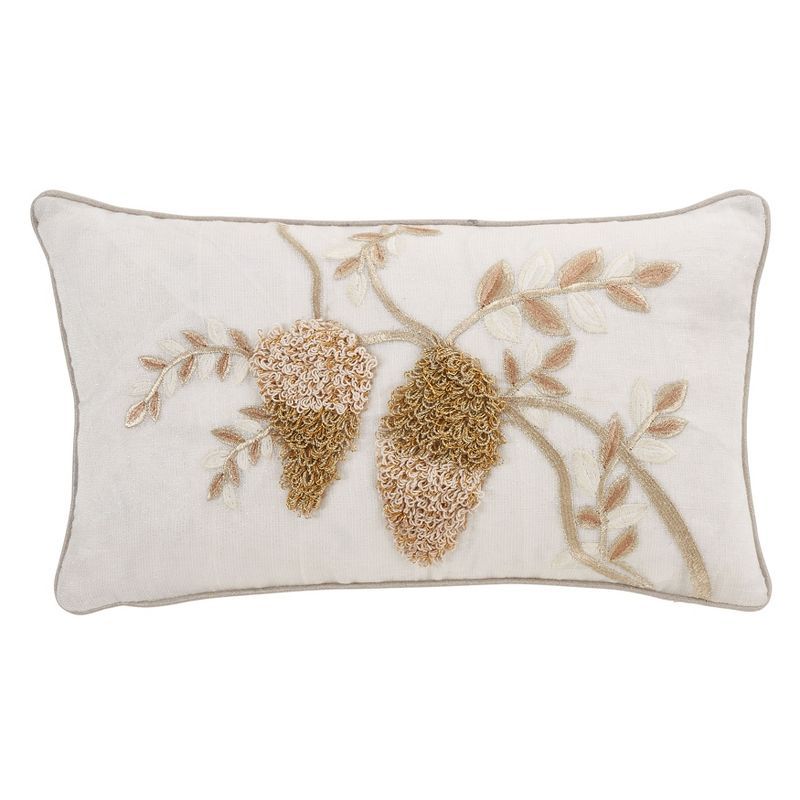 Gold Embroidered Flower Linen Throw Pillow Cover