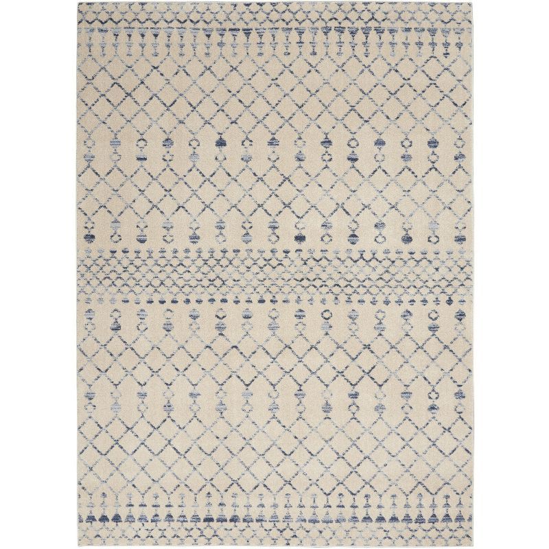 Beige Blue Geometric Hand-knotted Synthetic Rug, 5' x 7'