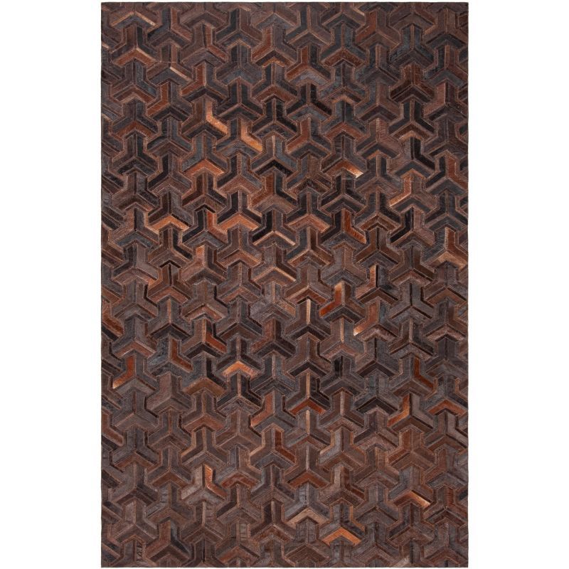 Hand-Knotted Geometric Cowhide 5' x 8' Area Rug in Brown and Light Brown