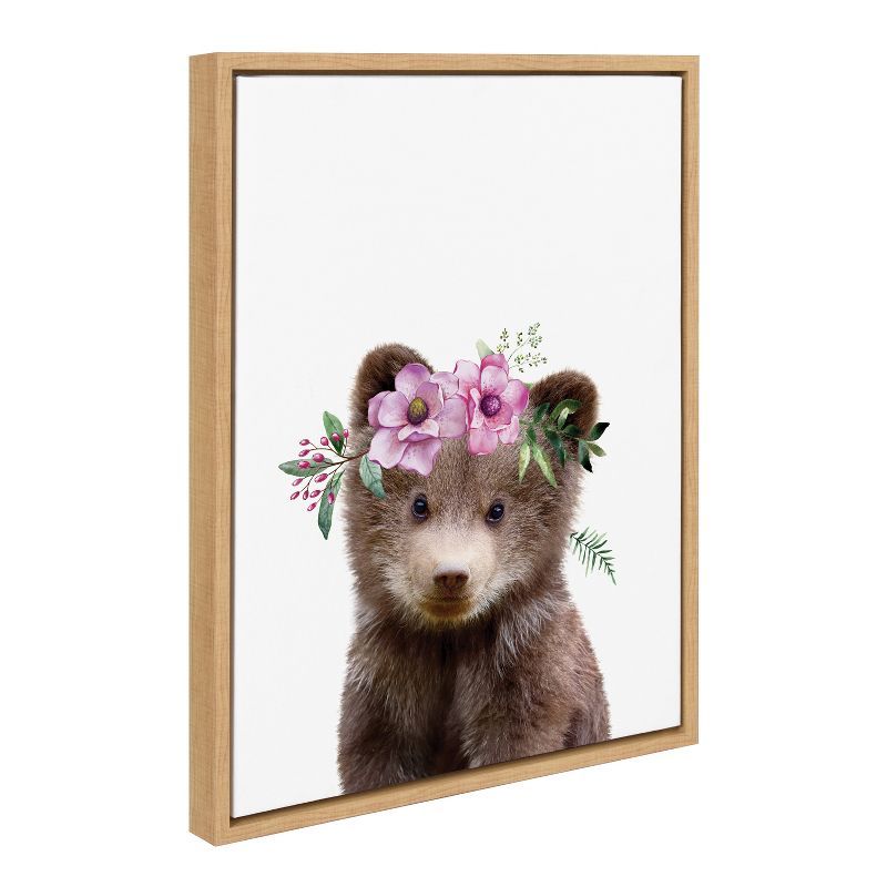 Flower Crown Bear Framed Canvas Wall Art for Nursery, 18x24 Natural