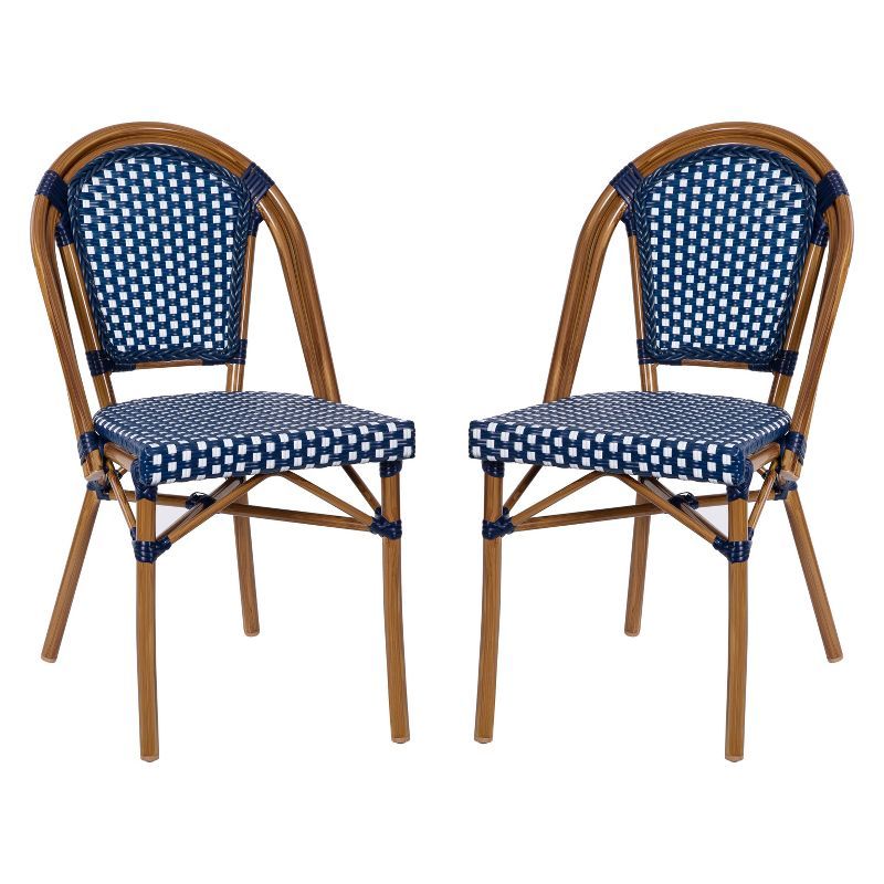 Navy and White Rattan Bistro Chairs with Bamboo Frame, Set of 2