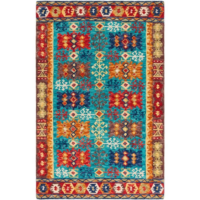 Handmade Blue and Red Geometric Wool Area Rug, 5' x 8'