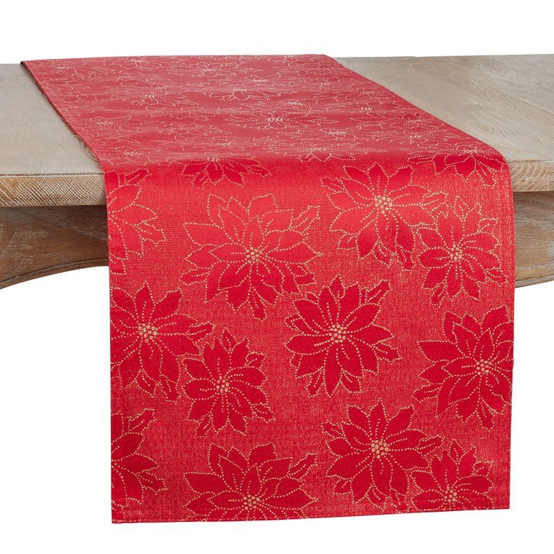 Festive Red Poinsettia Polyester Table Runner, 16" x 72"