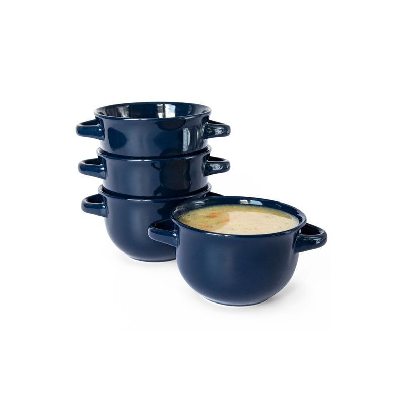 Blue Ceramic Soup Crocks with Handles, Set of 4, 18 oz