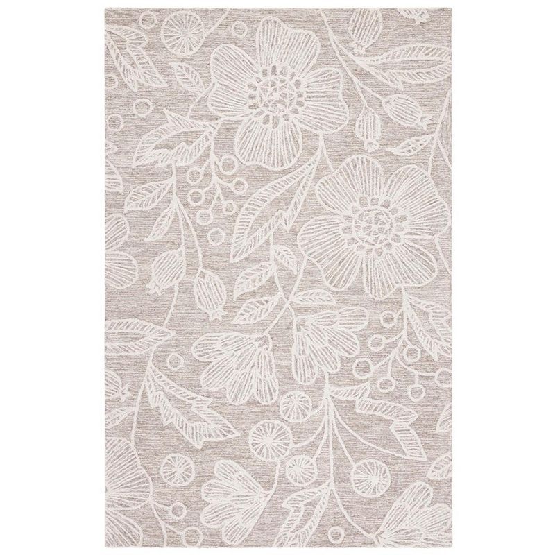 Natural Ivory Floral Hand-Tufted Wool Area Rug 5' x 8'