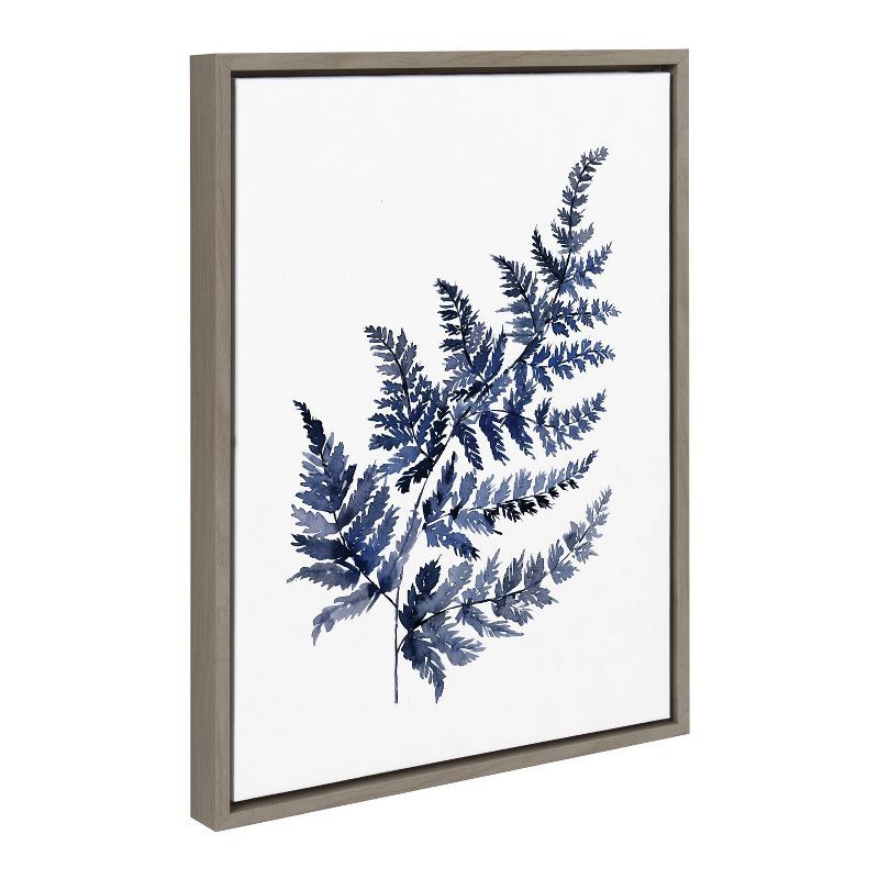 Indigo Botanical Fern Print on Canvas with Gray Frame