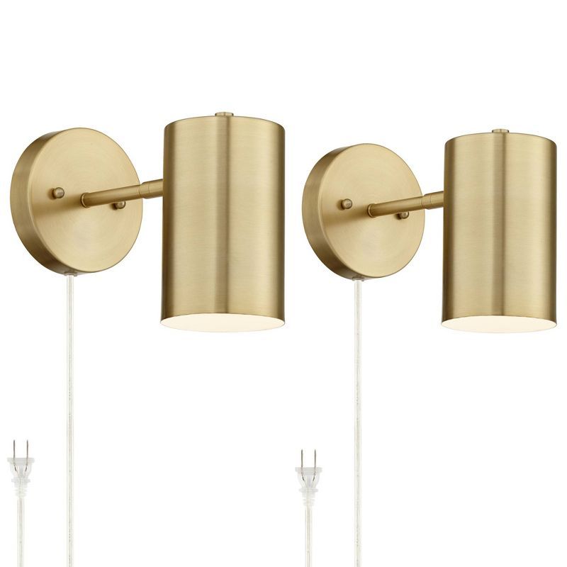 Polished Brass Cylinder Plug-In Wall Lamps Set of 2