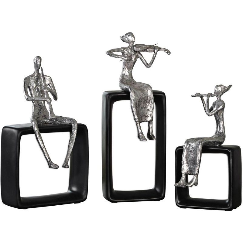 Silver Metal Musical Ensemble Figurines with Black Bases - Set of 3