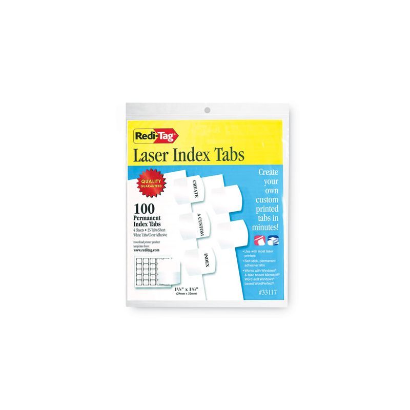 Redi-Tag White Laser Printable Index Tabs, 1.13" Wide, 100/Pack