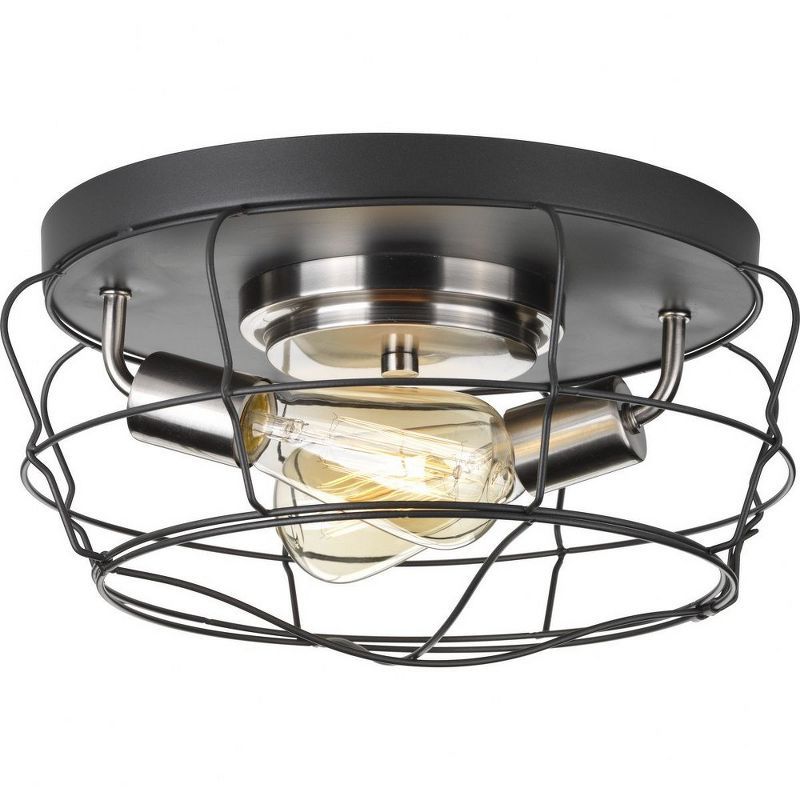 Graphite Steel 2-Light Flush Mount with Open Cage Design