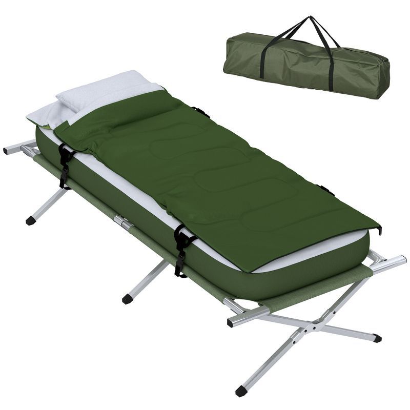 Outsunny Green Folding Camping Cot with Mattress and Pillow