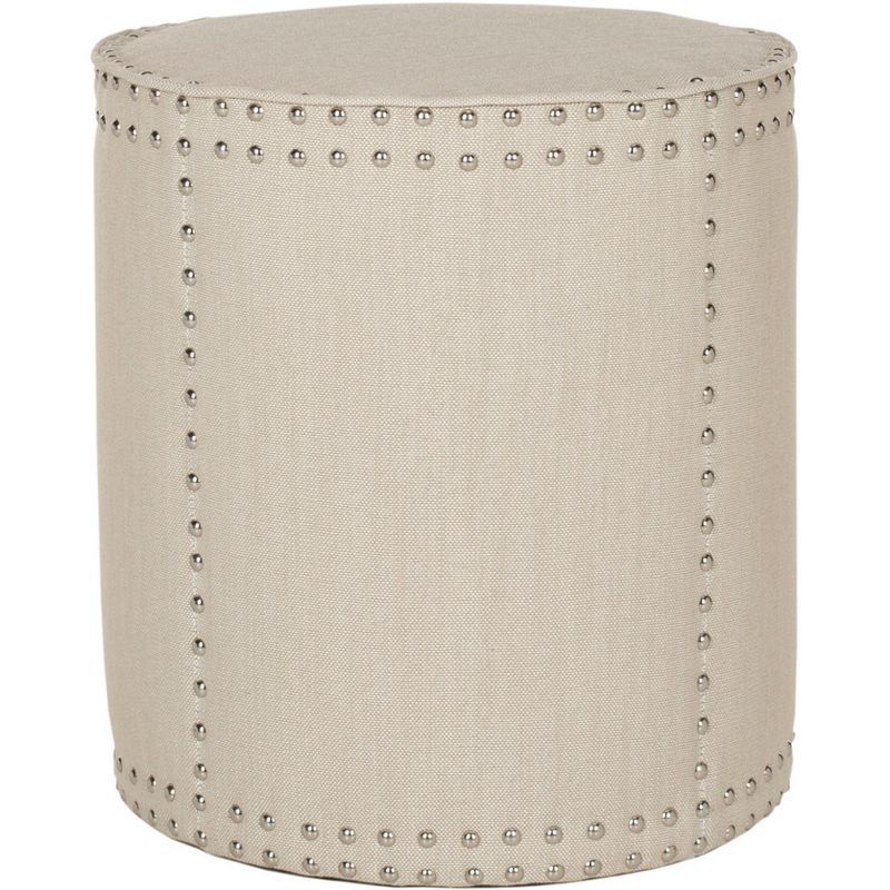 Beige Round Linen Ottoman with Nail Head Trim