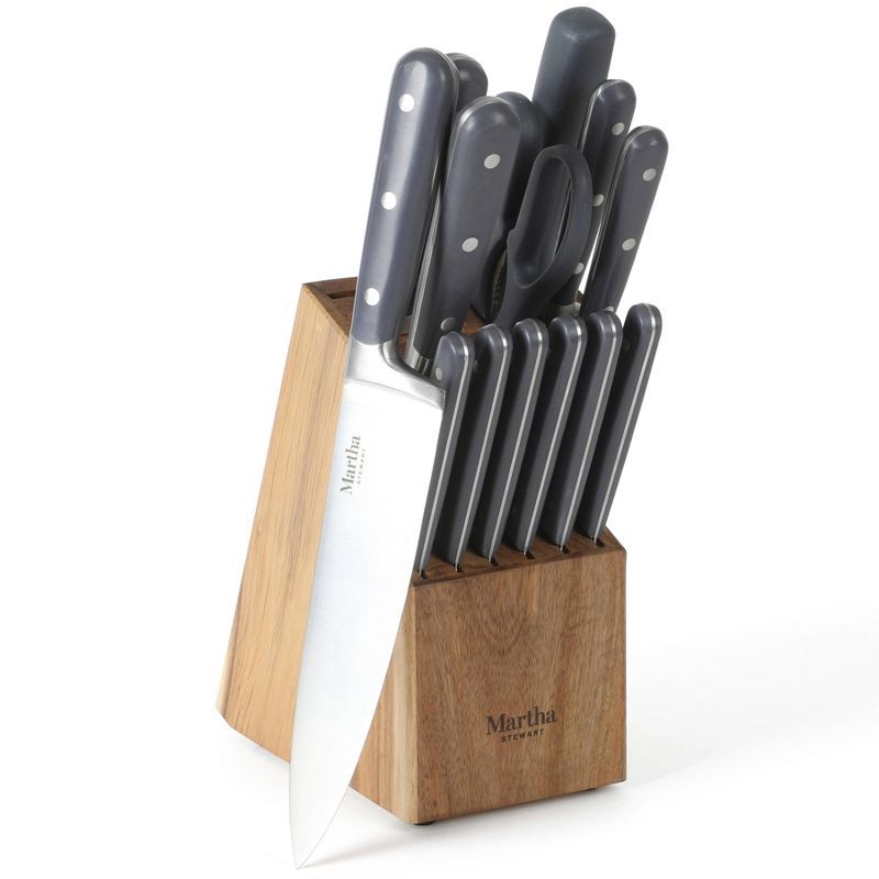 Gray 14-Piece Stainless Steel Cutlery Set with Acacia Wood Block