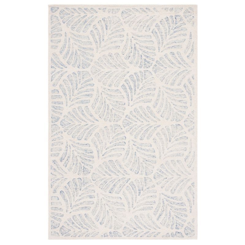 Ivory and Blue Tufted Wool Rectangular Area Rug, 5' x 8'