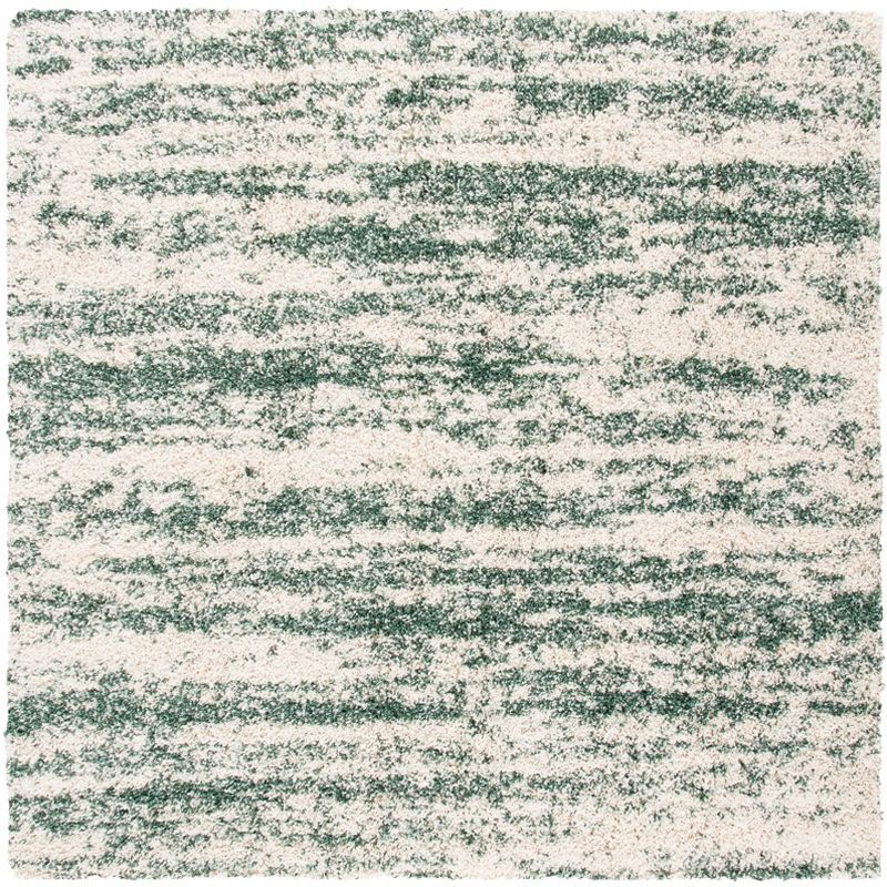 Ivory and Green 7' Square Shag Area Rug