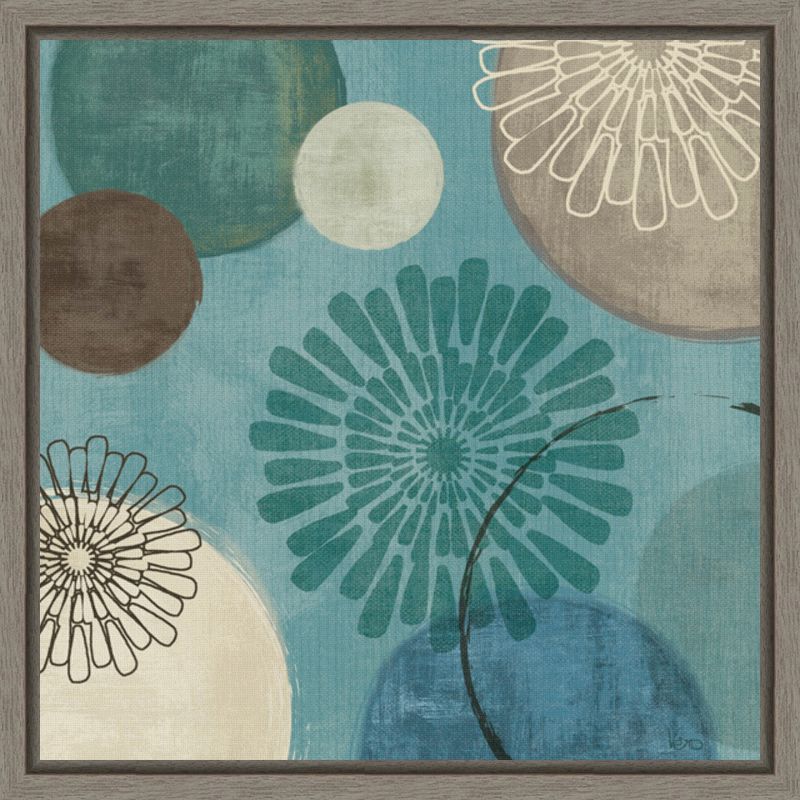 Teal and Brown Abstract Floral Canvas Print with Gray Frame