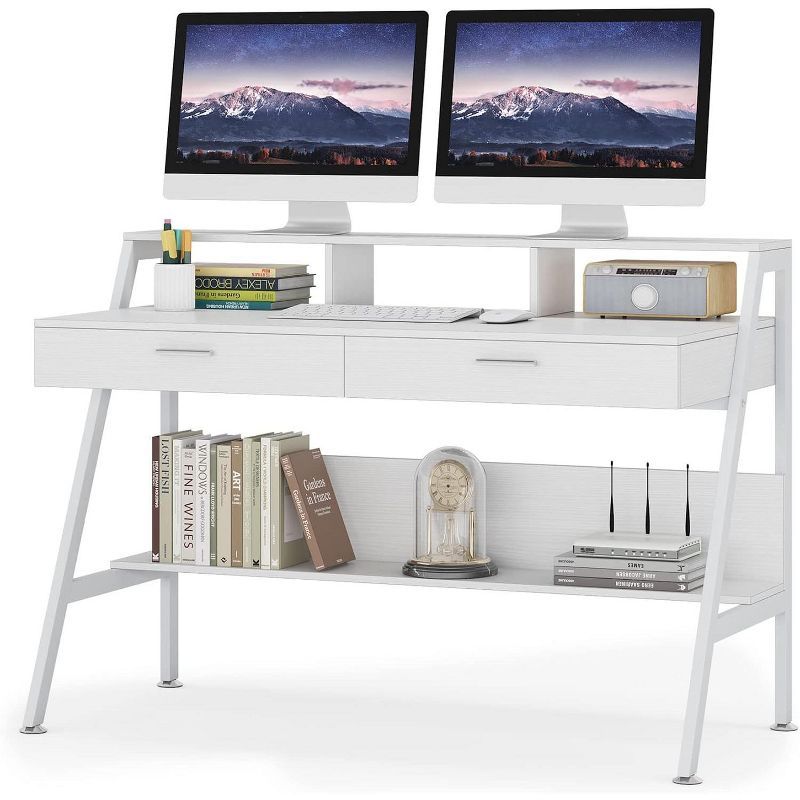 White Wood 47" Computer Desk with Drawers and Shelf