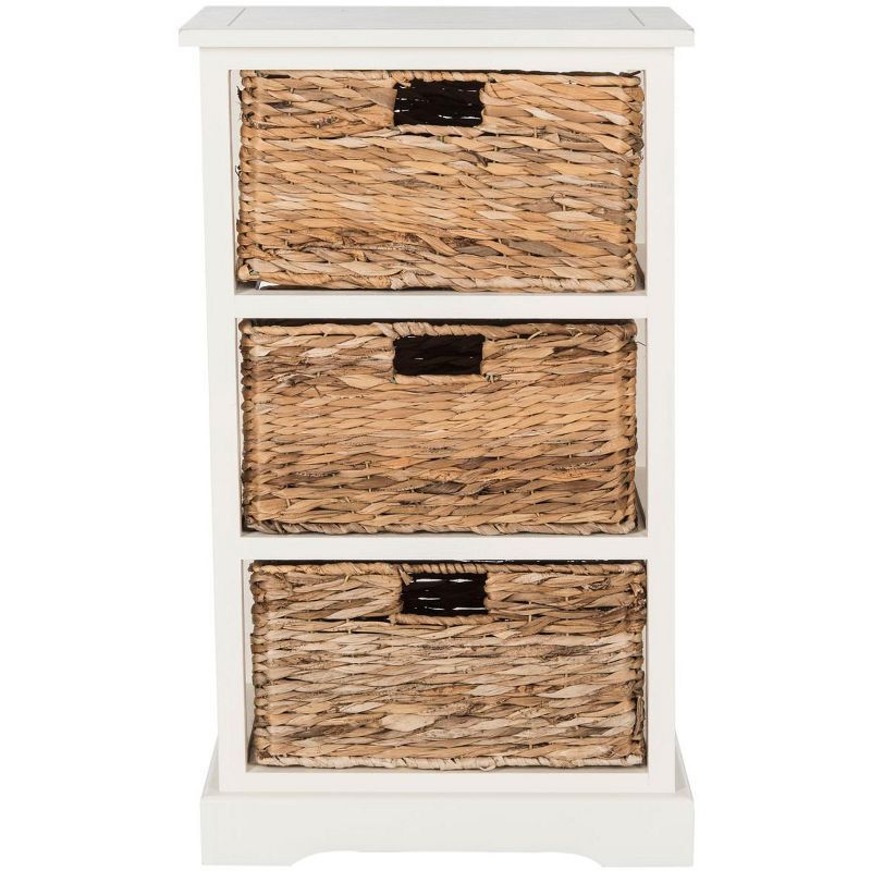 Distressed White Pine Wood 3-Drawer Side Table with Wicker Baskets